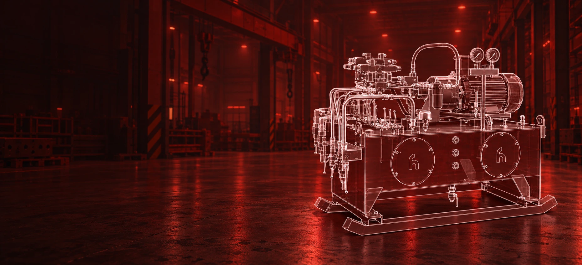 Rysunek techniczny agregatu hydraulicznego na posadzce hali produkcyjnej